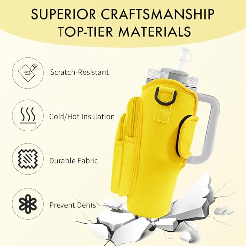 Image of Water Bottle Carrier Bag with Phone Pocket for Stanley Cup 40 /30 oz, Water Bottle Holder with Adjustable Strap& Straw Cover, Stanley Cup Accessories (Yellow)