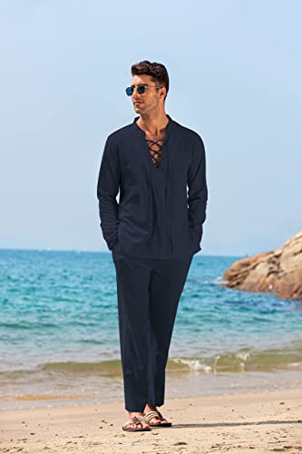Coofandy Men's 2 Piece Linen Set Long Sleeve Henley Shirts Casual Beach Pants With Pockets Summer Yoga Outfits #TOP1