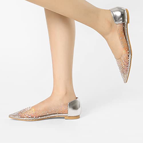 Allegra K Allegra K Women's Pointed Toe Clear Rhinestone Ballet Silver Flats 7.5 M US