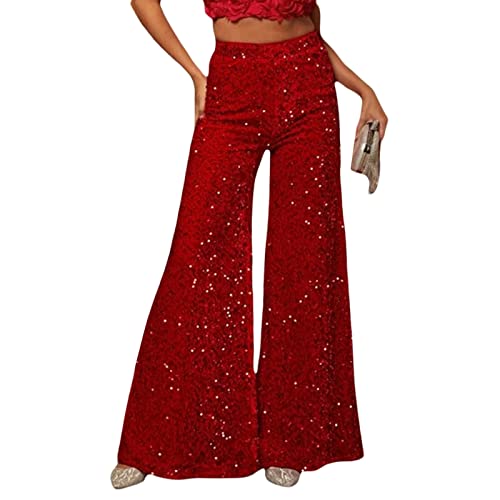 Women Sequin Flared Trousers High Waisted Sparkly Wide Leg Trousers Party Clubwear Shiny Bell Bottom Pants