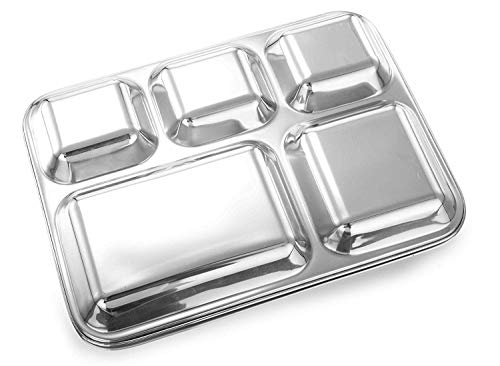Indiabigshop Stainless Steel Rectangle/Square Deep Dinner Plate W/5 Sections Divided Mess Trays For Kids Lunch, Camping, Events & Every Day Use 13 Inch- Set Of 12 #TOP3