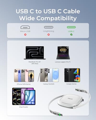 Image of TALIX 240W Retractable USB C Cable, PD 3.2 Fast Charging USB C to USB C Cable with Mag Snap Storage, E-Marker Chip, Anti-Tangle Retractable Cord for Travel, iPhone 17, MacBook, Samsung S25, 3.94FT