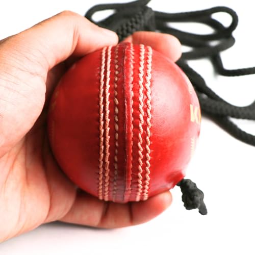 Image of KHELSPACE Knock Leather Cricket Hanging Ball with Rope, Professional Grade Training Ball, Hand-Stitched, Standard Size, Red