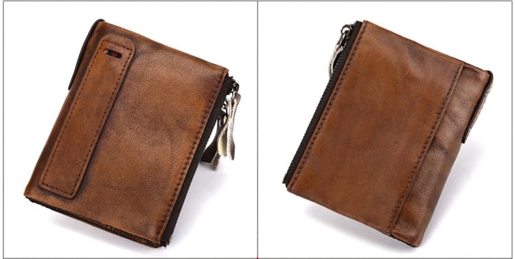 Retro Genuine Leather Wallet for Men Double Zipper Compact RFID Blocking Travel Organizer (Coffee)2