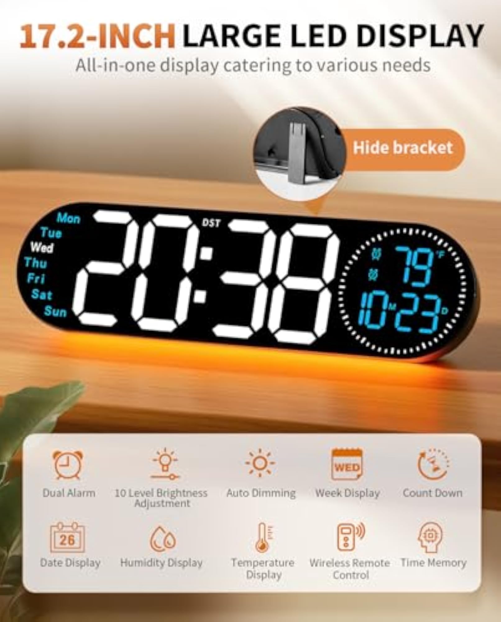 Digital Wall Clock with Color Changing, 17.2 Inch