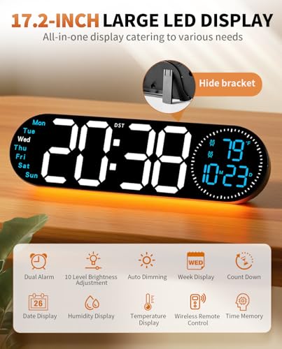 Image of 17.2 Inch Large Digital Wall Clock with 9 Color Changing Remote Control, Date Week Temperature, Auto Brightness Dimmer Big Clock Night Lights,Blue