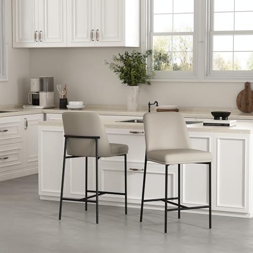 Manhattan Comfort Loft Set de 2 Butacos Altos para Cocina y Comedor, Tapizados en Cuero Vegano, Sillas con Estructura Metálica, Respaldo Curvo, Muebles para Montaje en Casa, Gris Piedra miniatura 2