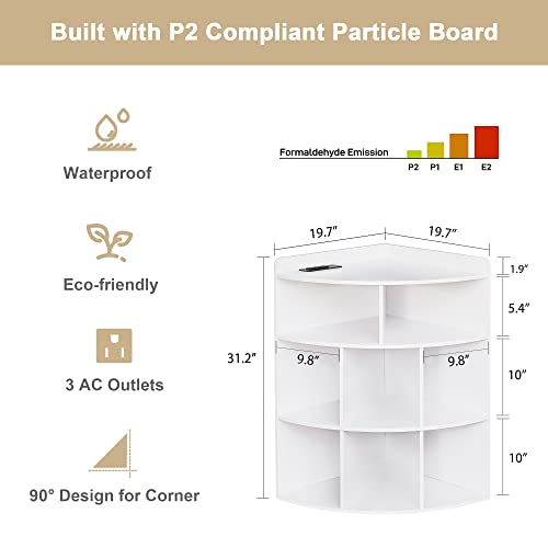 Vecelo Corner Cabinet With Charging Station, 3-Tier Cube Storage Organizer With Usb Ports And Outlets, Triangle Bookcases With 8 Cubbies For Playroom, Bedroom, Living Room, Pearl White #TOP2