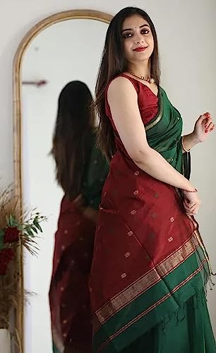 Image of SGF11 Women's Casual Style Kanjivaram Soft Cotton Linen Silk Saree With Regular Fit Blouse Piece (Green Maroon), Free Size
