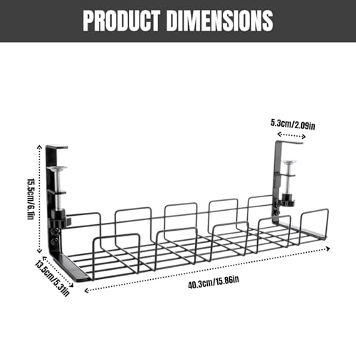 Image of No Drill Cable Organizer for Desk | Under Desk Cable Management Tray & Wire Organizer for Home and Office, Desk Cable Organizer for Adapters, Chargers & Power Cords, 40x15x13 cm (Black)