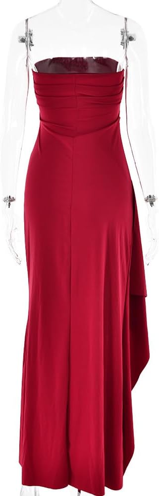 Women's Sexy Strapless Backless High Split Long Maxi Dress Ruched Off Shoulder Sleeveless Bodycon Party Cocktail Dresses - Image 6