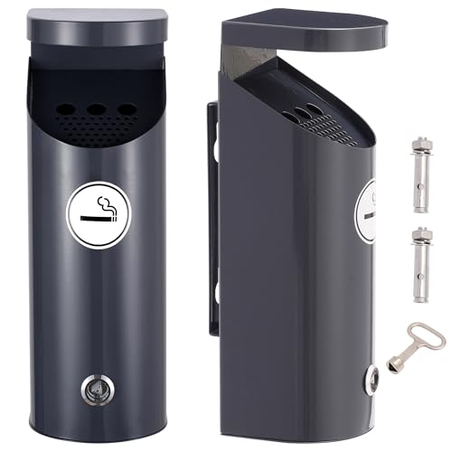 Candco Wall Mounted Trash Can, Metal Cylinder Outdoor Trash Can with Lock, Commercial Garbage Bin Ash Bin for Patios Hotels Restaurant and Office (Grey)