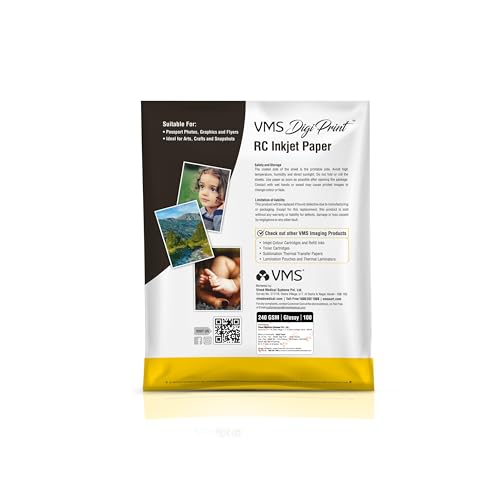 Image of VMS DigiPrint 240 GSM 4R (4x6) Glossy Photo Paper - Water Resistant, Pack of 100 sheets, Compatible with all Inkjet Printers