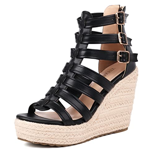 Women's Espadrilles Platform Wedge Sandals 4 Inch Adjustable Strappy with Back Zipper Open Toe Summer Vacation Dressy Wedge Heels