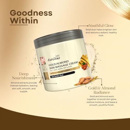 Image of Fair Glow Gold-Almond Skin Massage Cream 800g | 4 in 1, Anti-Ageing, Anti-Toxin | Face, Hands, Feet, Body & Facial | With Golden Dust | For Men & Women | Multipurpose | Ideal for Daily Use