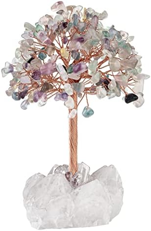 Nupuyai Aquamarine Crystal Money Tree with Rock Crystal Cluster Base, Good Luck Fengshui Figurine Spiritual Healing Stone Tree Ornament for Home Office Decor