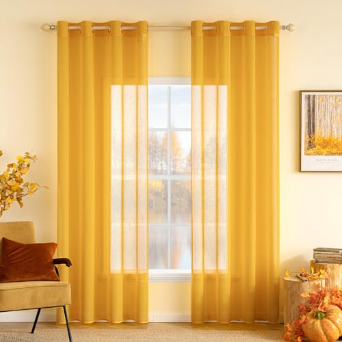 MIULEE Cortinas de Lino Cruzada Visillo Color Puro Translucido de Dormitorio Moderno Decoracion Transparente para Ventana Sala Cuarto Dormitorio Comedor Cocina Salón 2 Hojas 140x245cm Amarillo