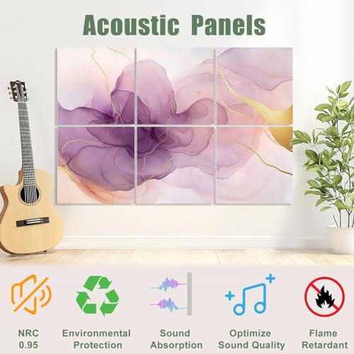 6 Pack Paneles Acústicos de Arte Absorbentes de Sonido con Diseño Abstracto en Mármol Blanco y Remolinos Morados con Detalles Dorados, Paneles Decorativos Autoadhesivos para Estudio de Grabación y Oficina 72"x48" miniatura 3