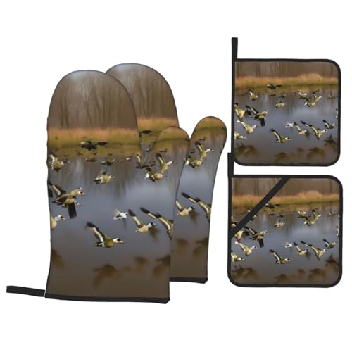 Manoplas de horno resistentes al calor con estampado de patos salvajes voladores, tela aislante para cocinar y hornear de forma segura