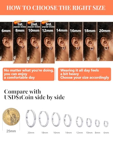 Silvora 925 Sterling Silver Small Hoop Earrings for Women Huggie Earrings Hypoallergenic Cartilage Earrings Tiny Hoops 6mm/8mm/10mm/12mm3