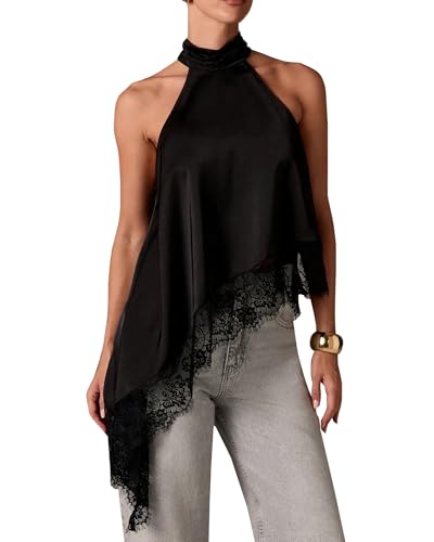 Acrawnni Damen Y2K Spitzenbesatz, Satin, Neckholder-Top, ärmellos, Stehkragen, Seide, lockere