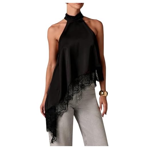 Acrawnni Damen Y2K Spitzenbesatz, Satin, Neckholder-Top, ärmellos, Stehkragen, Seide, lockere Passform, Spitze, asymmetrischer Saum, Cami-Top, zum Ausgehen, Streetwear, A-schwarz, M
