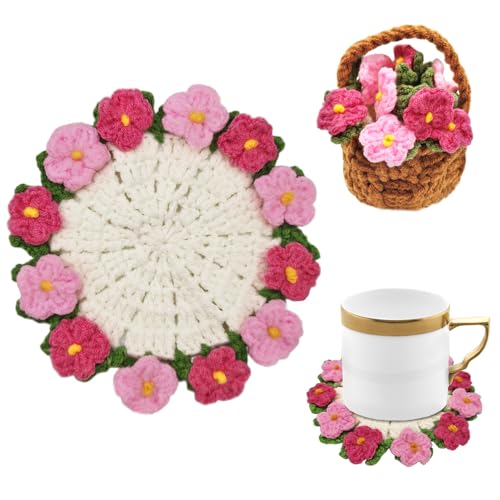 Crochet Flower Coasters with Knitted Forget Me...