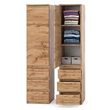 ELVA Kleiderschrank 40 cm breit – Modularer Mehrzweckschrank Wotan Eiche – Grifflos Design Hochschrank mit Schubladen & Türen – Schmaler Vorratsschrank für Schlafzimmer, Flur & Büro