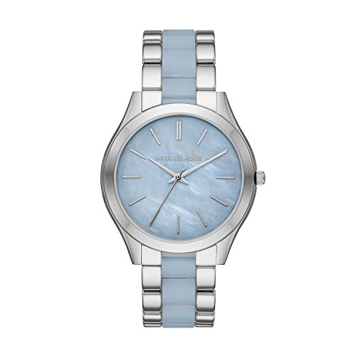 Image of Michael Kors Women's Slim Runway Three-Hand Stainless Steel Quartz Watch, Silver & Blue, Quartz Watch