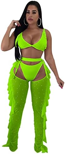 Women Beading Pearl See Through Sheer Mesh 2 Pieces Outfits Jumpsuits Crop Top and Hollow Out Ruffle Long Pants Women Beading Pearl See Through Sheer Mesh 2 Pieces Outfits Jumpsuits Crop Top and Hollow Out Ruffle Long Pants