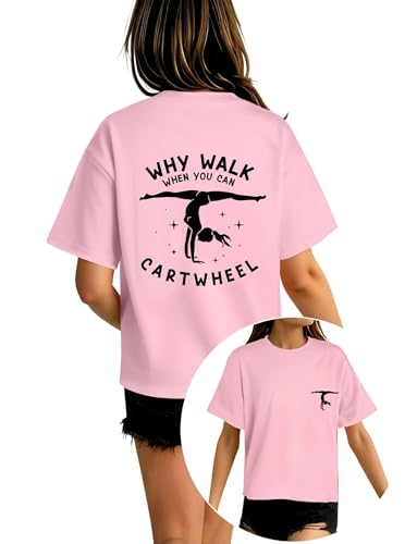 Ecolala Girls Gymnastics Graphic Tees Short Sleeve Cotton T Shirts for Kids, Summer Casual Oversized Cute Print Tops for Ages 3-14 Pink Gym 7-8 Years