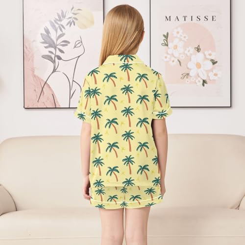 Cute Palm Tree Pattern Summer Satin Pajama Set, Cute Button-Down Sleepwear Pj Set for Sleep Wears4