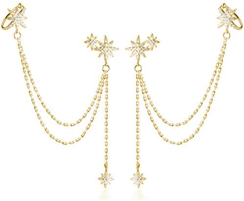 SLUYNZ 925 Sterling Silver Fashion Star Cuff Earring Chain for Women Star Crawler Earring Wrap Earrings (Pair-D-Gold Plated)
