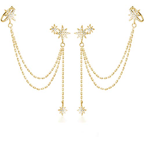 SLUYNZ 925 Sterling Silver Fashion Star Cuff Earring Chain for Women Star Crawler Earring Wrap Earrings