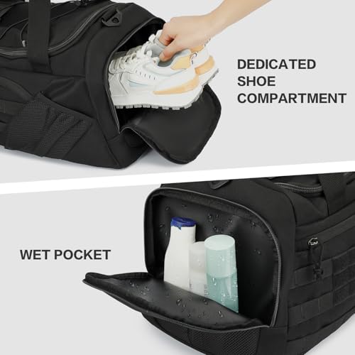45L Tactical Sports Duffle Bag for Men Military Gym Bag Medium Travel Duffel Holdall Backpack with Shoe Compartment & Wet Pocket 3-in-1 Weekend Bags for Training, Camping, Hiking, Black - Image 4