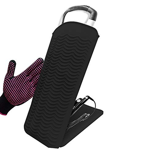 Curling Iron Mat, Heat Resistant Silicone Pouch with Styling Glove for Hair Straightener, Flat Irons, 8.7” x 5.2” Silicone Bump Glove, 11” x 6” Food Grade Silicone Mat Pouch, Black