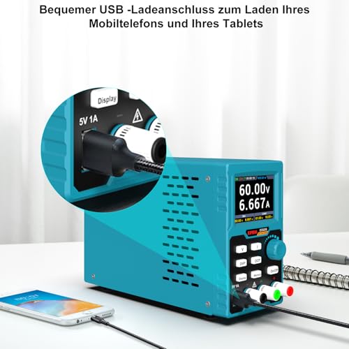 Kiprim Labornetzgerät Programmierbar, 0–60V 0–20A, max. 400W Ausgangsleistung, USB-Schnittstelle, Software auf USB-Stick, für Labor & Werkstatt DC620S