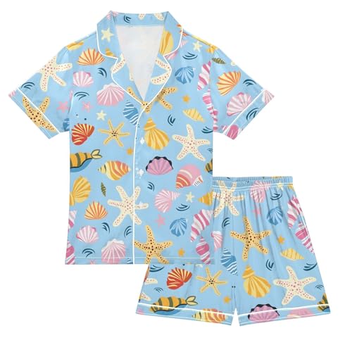 ALAZA Sea Seashell Starfish Blue Satin Pajamas Set Short Sleeve Button Down Sleepwear Summer Pjs 2 Piece