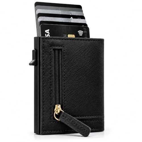 The Bae Gift Slim Leather Card Holder Wallet, Black, RFID Blocking, Zipper Pocket, Pop-Up Card Ejector