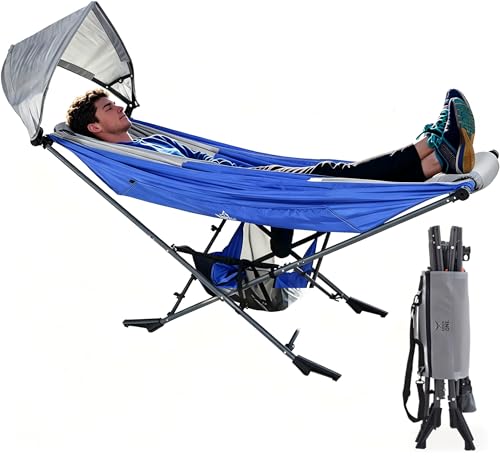 Hängematte mit Gestell - Mock ONE® Freistehend Klappbar Stabiler Metallständer bis 113kg, 210T Nylon, Verstellbares UPF50 Sonnendach, Tragetasche für Garten, Camping, Strand, Balkon, Innen & Außen