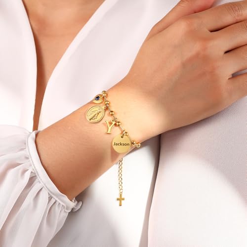 Personalized Gold-Plated Virgin Mary Bracelet for Women – Custom Engraved Catholic Jewelry, Dainty Marian Medal Charm Bracelet, Baptism/Confirmation/First Communion Gift, Religious Gifts for Her2