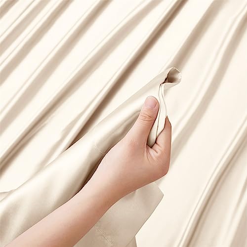 Image of Ersmak Satin Flat Sheet Only, Single Flat Sheet Full, Luxury & Ultra Soft Silky Bedding Top Sheet for Full Mattress - Beige