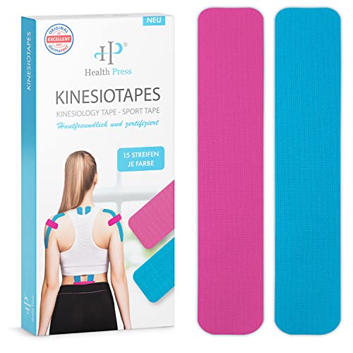 Health Press Kinesiotapes - 30 Kinesiologie Tape Streifen Precut Blau + Rosa (25cm x 5cm) Kinesiotape - Profi Physio Tape und Sporttape - Hautfreundliche Tapes DERMATEST: SEHR GUT