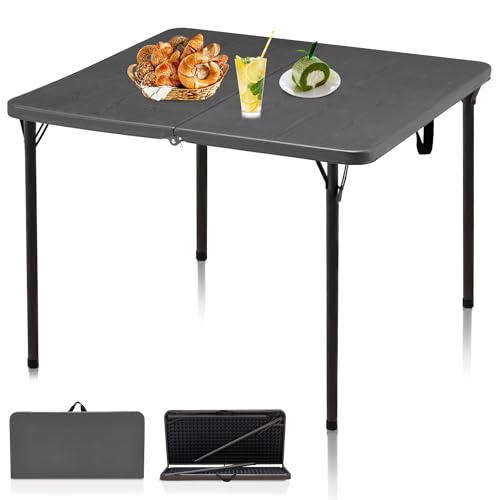 Image of Kasunpul 34 inch Folding Table, Portable Square Folding Card Table with Collapsible Legs & Carrying Handle, Plastic Tables for Camping,Picnic, Office, Party, Grey