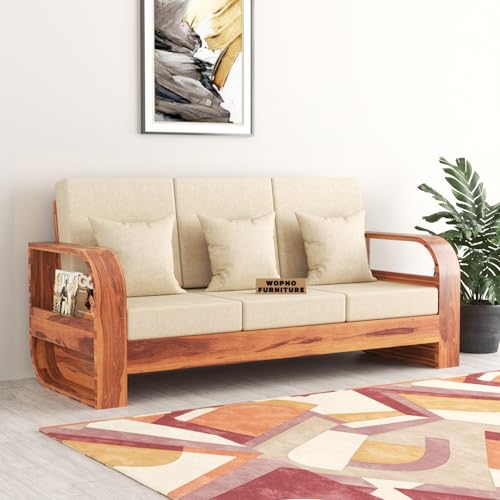 Image of Sheesham Wooden 3 Seater Sofa for Living Room | Solid Wood Sofa | Rosewood Sofa Set for Home & Office | Lounge (Honey,Beige, 3 Seater)