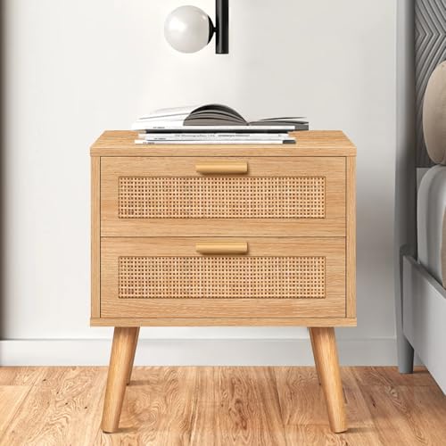 ALFORDSON Bohemian Rattan Bedside Table with 2 Drawers, 45 x 40 x 51cm, Wooden Nightstand Storage Cabinet Organiser Side Table for Bedroom Living Room Sofa, Wood Colour