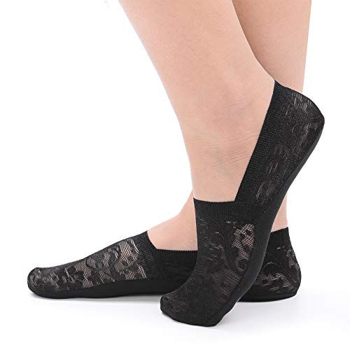 Flammi Women's Lace No Show Liner Socks Non Slip Cotton Bottom 4 Pairs (Black)