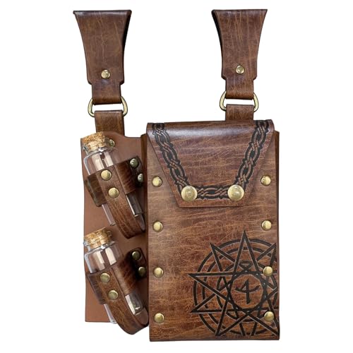 KIUGCO Bolsa De Cinto Couro Sintético Para Alquimia Medieval Com 2 Frascos Poção Cortiça, Cintura Bruxo Fantasia, Mochila Lateral Fantasias Fada Renascentista, Acessórios Renascentistas Femininos