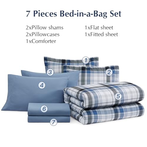 Image of MaiReve Full Size Plaid Comforter Set Lake Blue, Classic 7 Pieces Farmhouse Bedding Set, All Season Lightweight Bed in A Bag with Sheets, Pillowcases & Shams