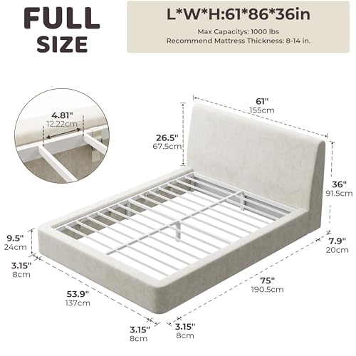 Image of RECCI AirFrame Full Size Bed Frame with Ergonomic Angled Foam Cushioned Headboard, Minimalist Design Platform Bed Frame, No Box Spring Needed, Easy Assembly (Beige Chenille)